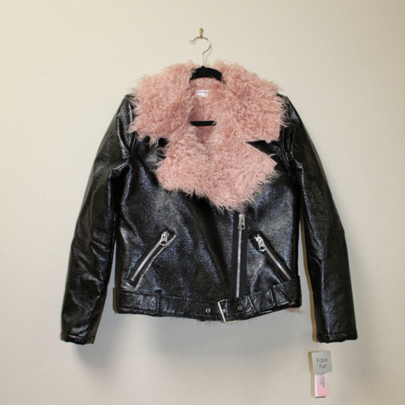 Designer ROCK CHIC Moto Jacket Pink Faux Fur Black Leather - Picture 2 of 9